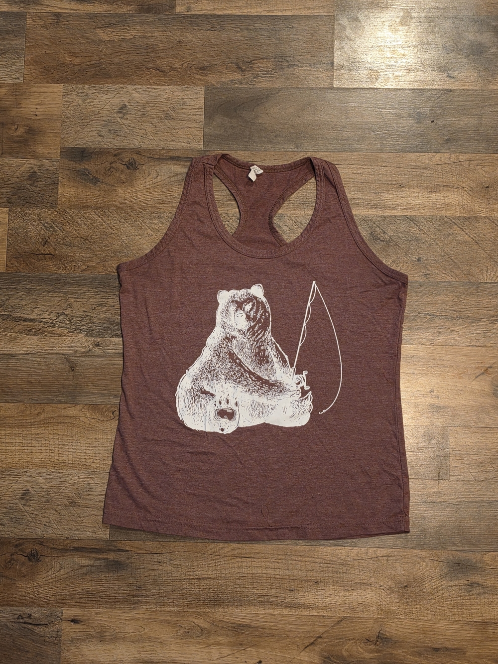 Women’s Maroon Fishing Bear Graphic Tank Top XL
